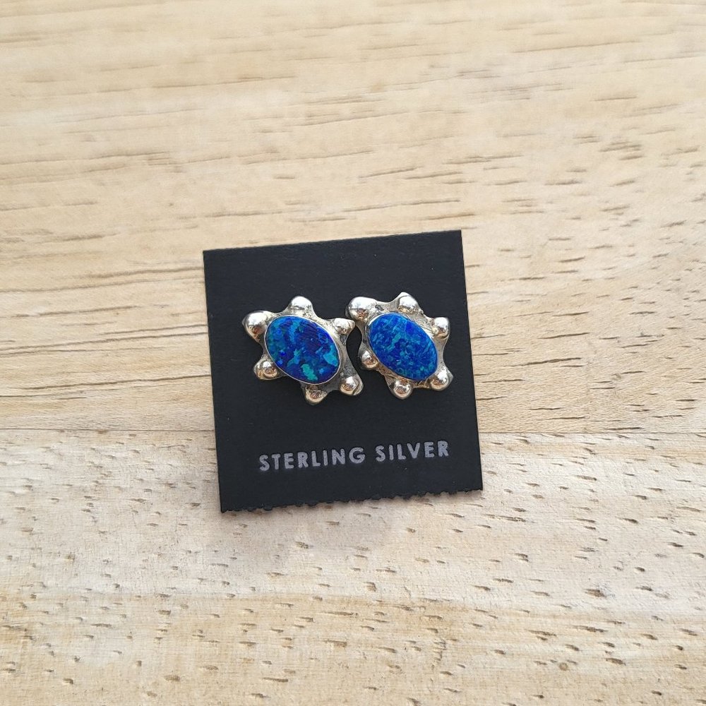 Native American Turtle Blue Opal Stud Earrings Zuni Sterling Handmade Jewelry‎ - Picture 3 of 5